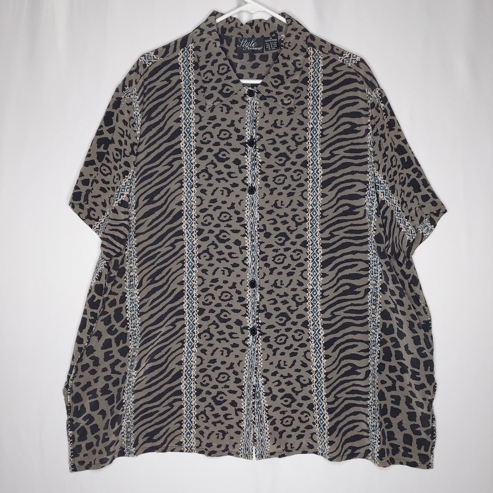 Style Exchange Silk Button Collar Shirt Women 3X Animal Satin Grunge Luxury